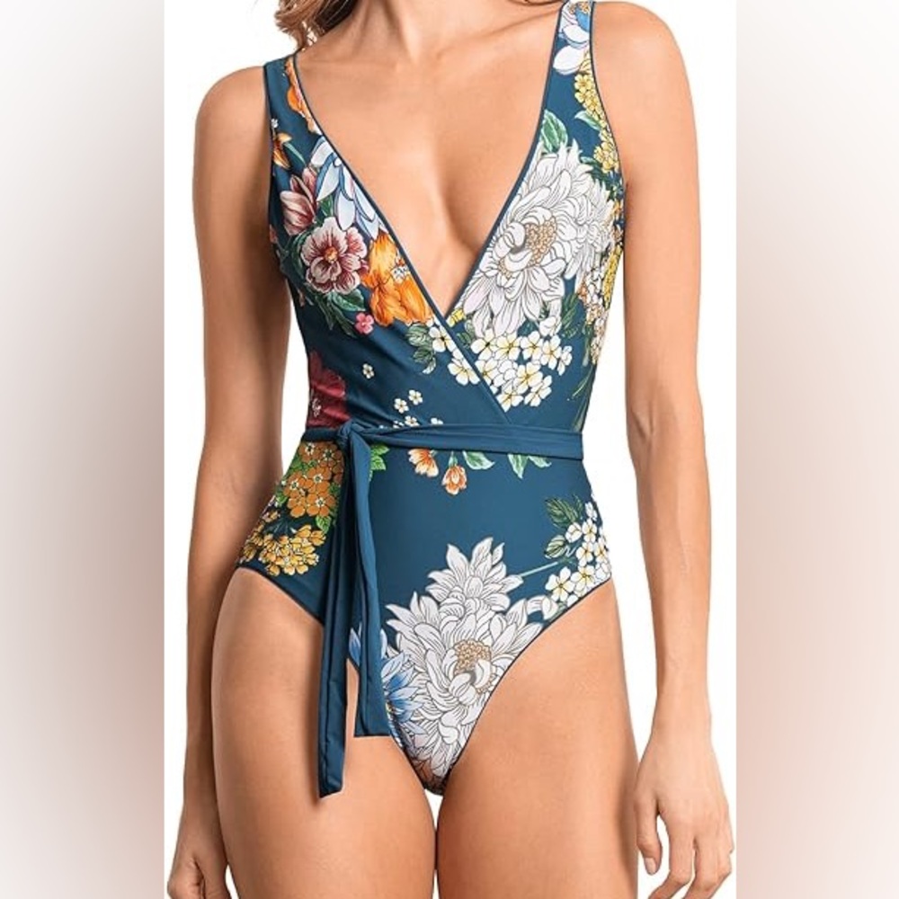 Maaji Bluejay Serenne Plunge One Piece Swimsuit Size S. MISSING BELT!